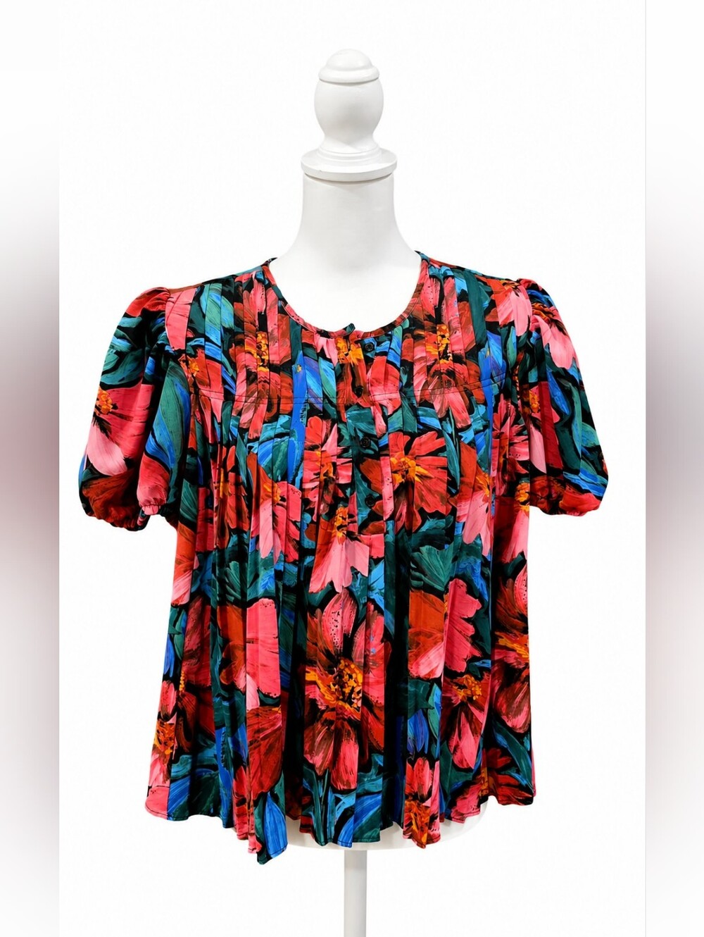 Floral Puff-Sleeve Blouse in Pink & Green